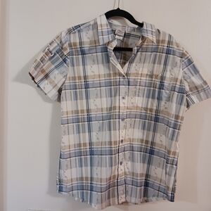 Ðelafield Womans Top Short Cotton Blend Pocket Floral Plaid Size Medium